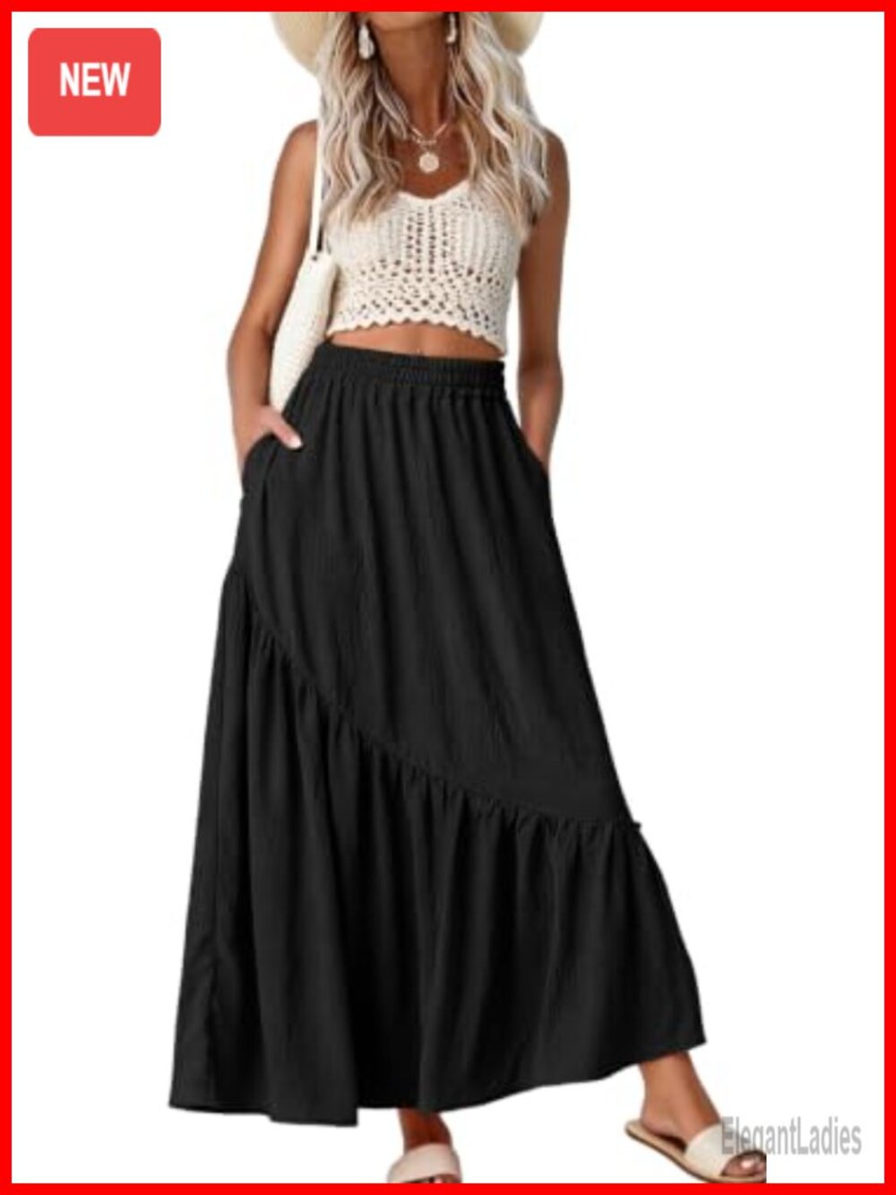 Women's Maxi Skirt High Waist Tiered A-Line with Pockets Polyester